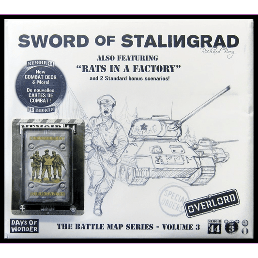 Box cover for Memoir '44: Sword of Stalingrad Expansion by Days of Wonder, with a sketch of a soldier and tank, game cards, bonus scenarios, and a mostly white background with bold black and blue accents.