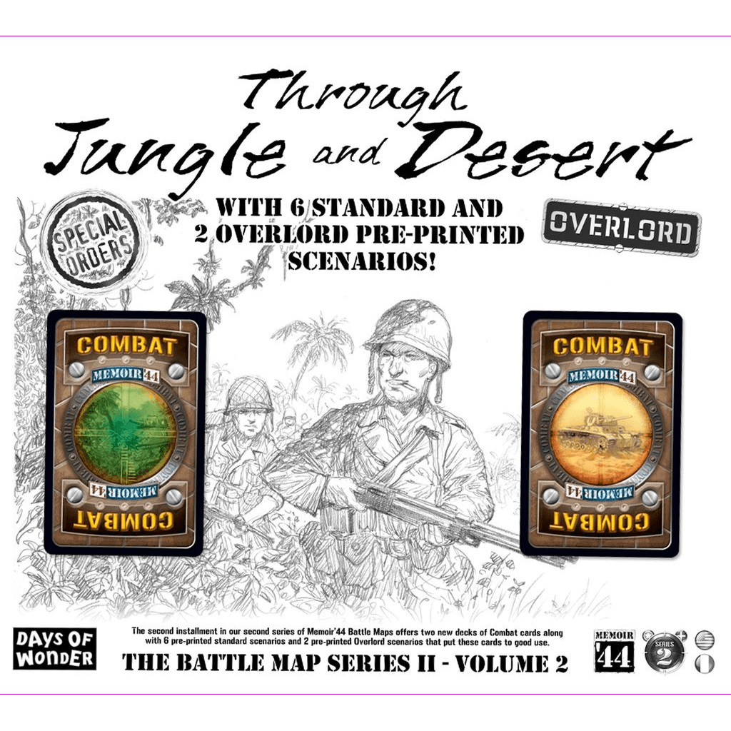 Days of Wonder's Memoir '44: Through Jungle and Desert Expansion includes Battle Maps with soldier illustrations, combat cards, badges, and features 6 standard and 2 Overlord pre-printed scenarios.