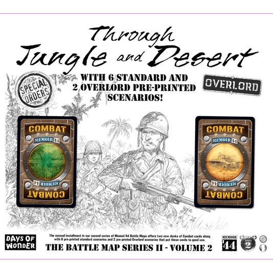 Days of Wonder's Memoir '44: Through Jungle and Desert Expansion includes Battle Maps with soldier illustrations, combat cards, badges, and features 6 standard and 2 Overlord pre-printed scenarios.