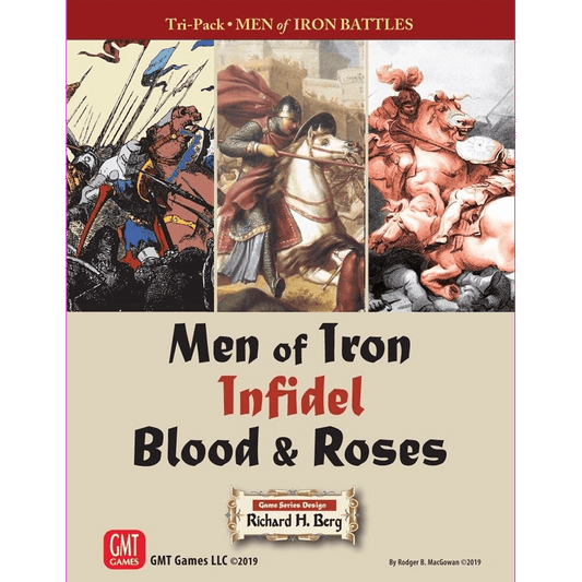 The Men of Iron Battles Tri-pack: Infidel, Blood & Roses by GMT Games features a box cover with three medieval battle scenes and titles for each game, showcasing this classic wargame set.