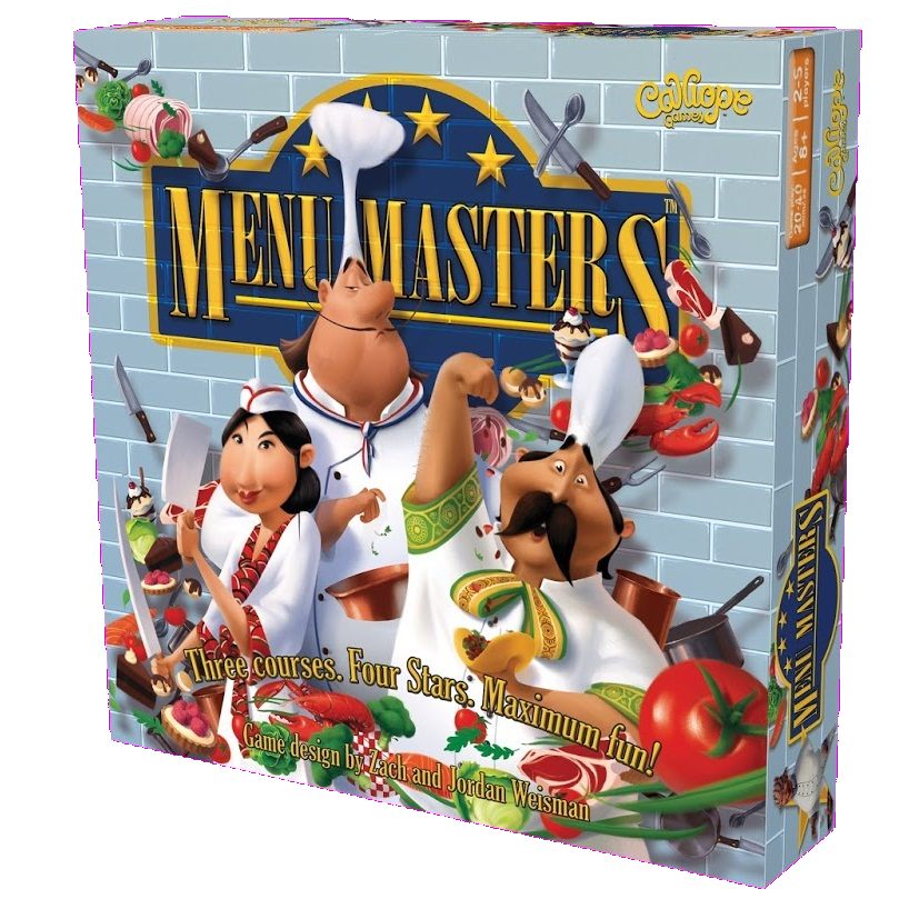 Box cover of Calliope Games' Menu Masters shows animated gourmet chefs in white uniforms, surrounded by tomatoes, cheese, and vegetables, with the game title "Menu Masters" displayed in bold yellow letters.