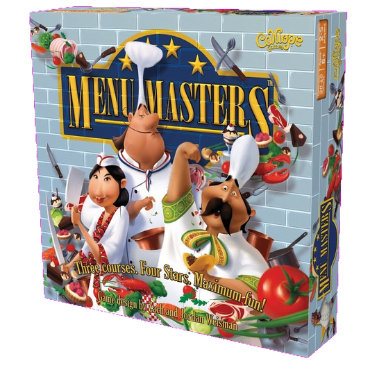 Box cover of Calliope Games' Menu Masters shows animated gourmet chefs in white uniforms, surrounded by tomatoes, cheese, and vegetables, with the game title "Menu Masters" displayed in bold yellow letters.