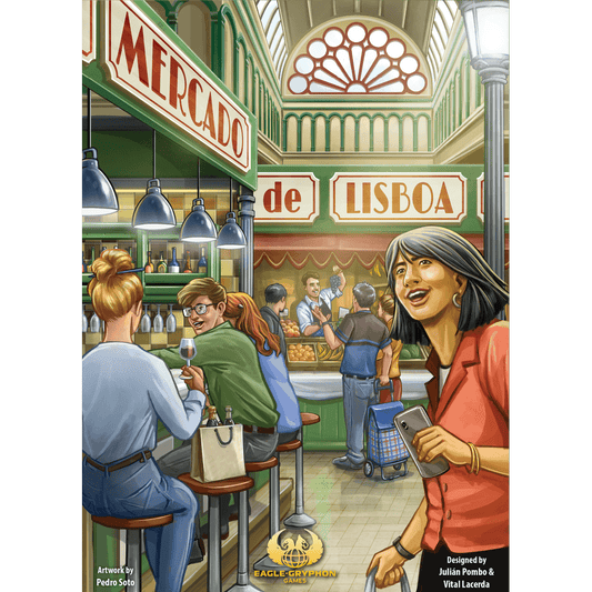 Illustration of a lively indoor market with people at bar-style tables. A smiling woman in red stands out in front. Above, a sign reads Mercado de Lisboa, the city-building game from Eagle-Gryphon Games.