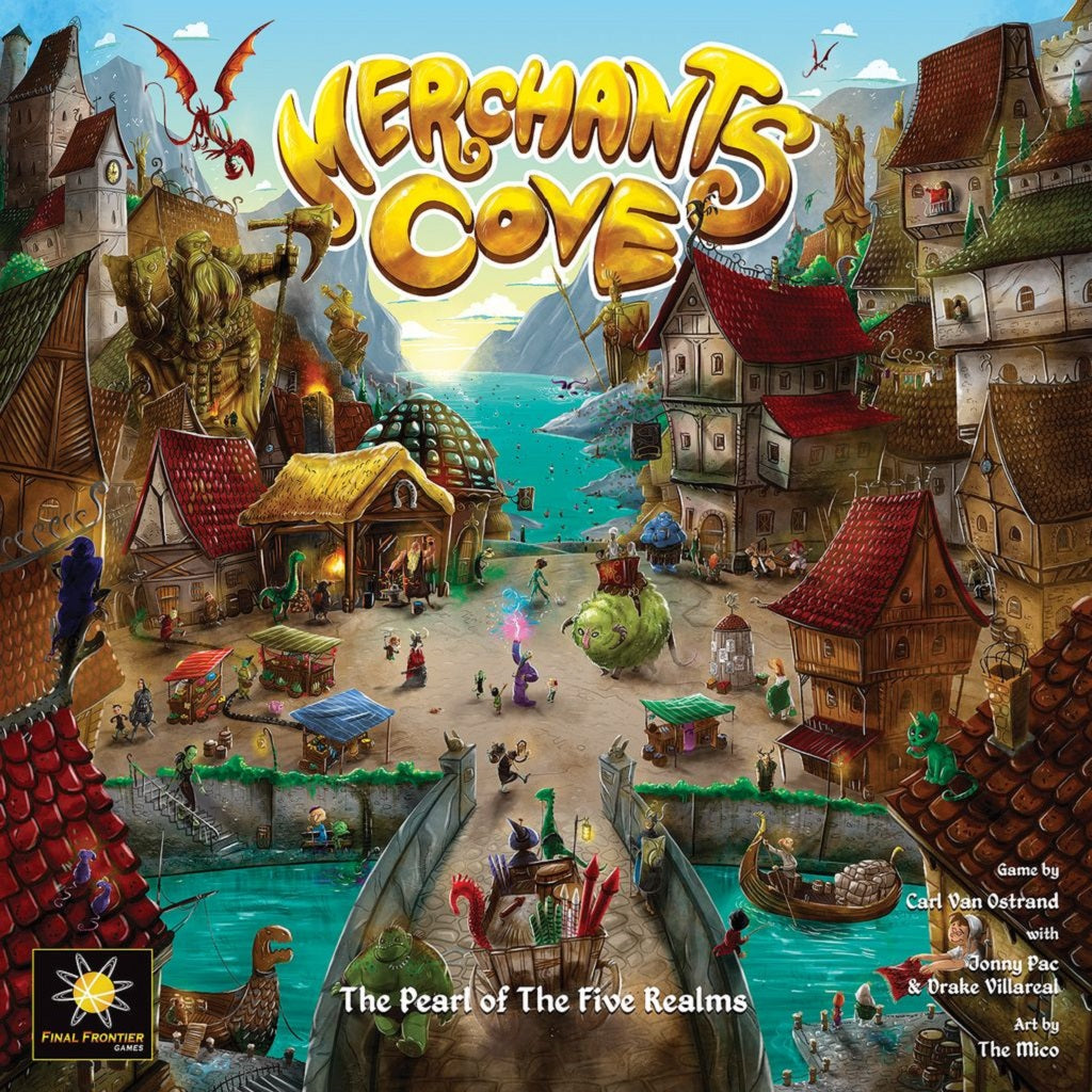 Colorful illustration of a lively medieval port with dragons and sea creatures. The title Merchants Cove by Final Frontier Games appears above, evoking this asymmetrical eurogame where players act as merchants in a bustling harbor.
