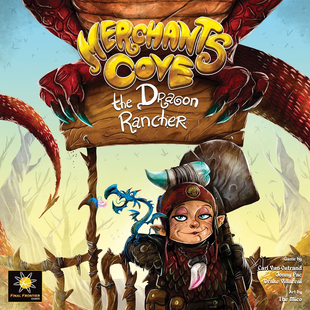 The cover of Final Frontier Games' Merchants Cove: The Dragon Rancher Expansion features an armored, smiling character with a staff and blue dragon, while a large red dragon looms above.