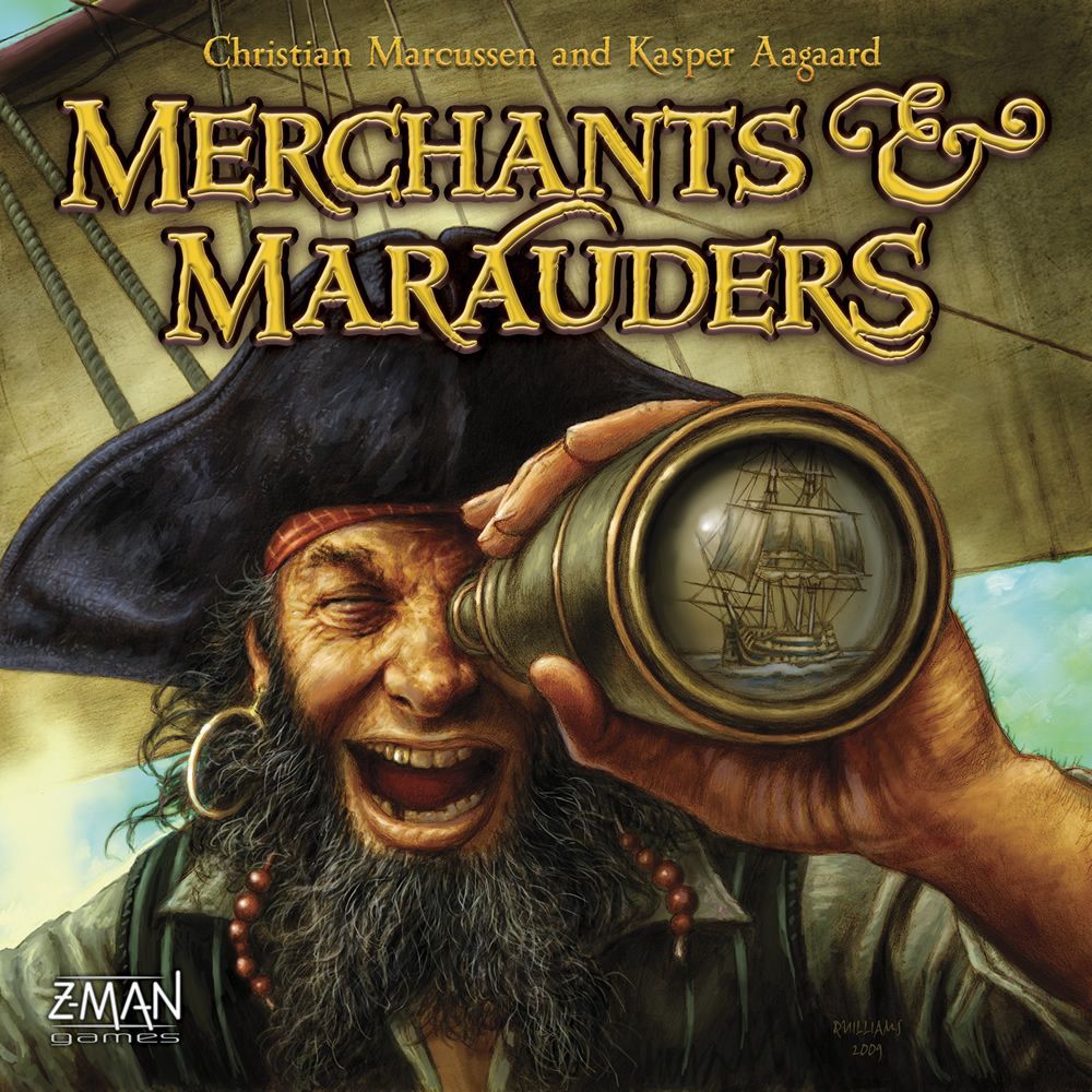 A gold-toothed pirate peers through a spyglass revealing a ship, with sails behind. Above, the ornate Merchants & Marauders title from Z-Man Games invites you to thrilling Caribbean adventure.