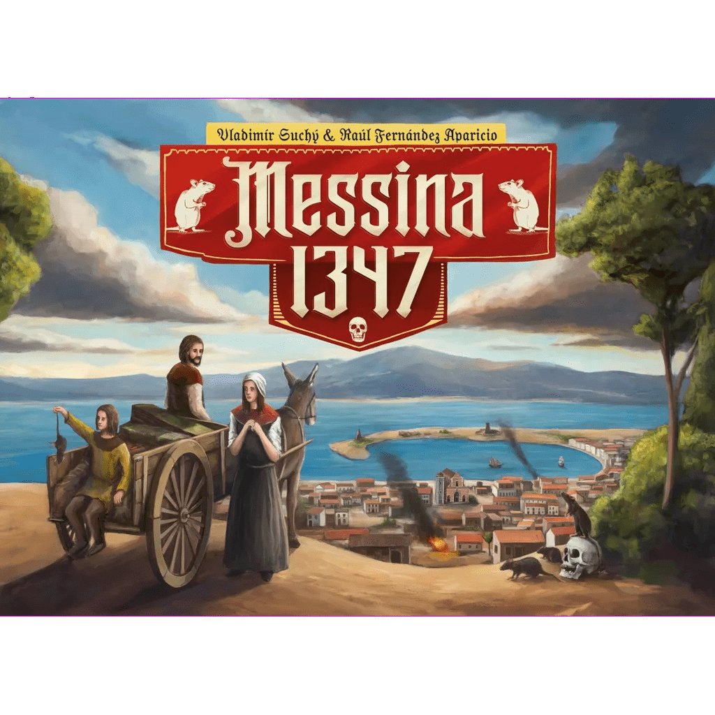 A medieval scene from Messina 1347 by Delicious Games shows two people and a cart by the coast, with skulls and rats nearby—capturing the era of the black death featured in this historic board game.