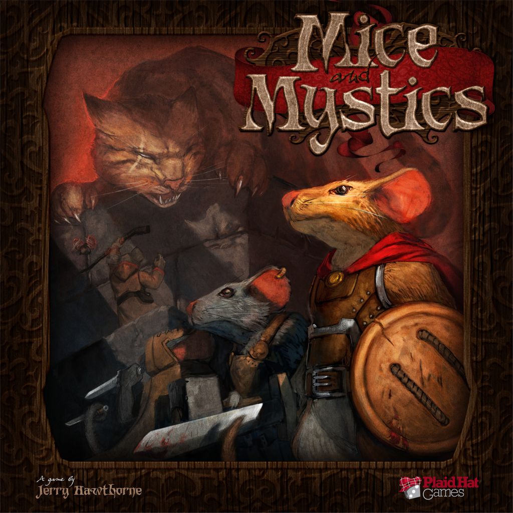 The illustrated cover of Mice and Mystics by Plaid Hat Games features heroic mice in armor and capes, brandishing weapons against a looming cat, with the title and credits at the top and bottom corners.
