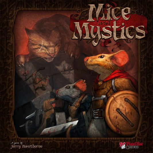 The illustrated cover of Mice and Mystics by Plaid Hat Games features heroic mice in armor and capes, brandishing weapons against a looming cat, with the title and credits at the top and bottom corners.