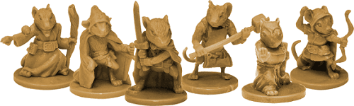 Six mouse figurines from Plaid Hat Games’ Mice and Mystics, each in a unique heroic pose with detailed weapons and attire on circular bases—perfect for enhancing your cooperative adventure board game experience.