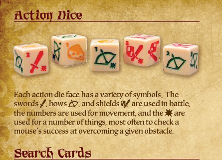 Mice and Mystics by Plaid Hat Games includes five dice featuring colored symbols—swords, bows, shields, numbers, and an asterisk—used for battle, movement, and success checks in this cooperative adventure board game.