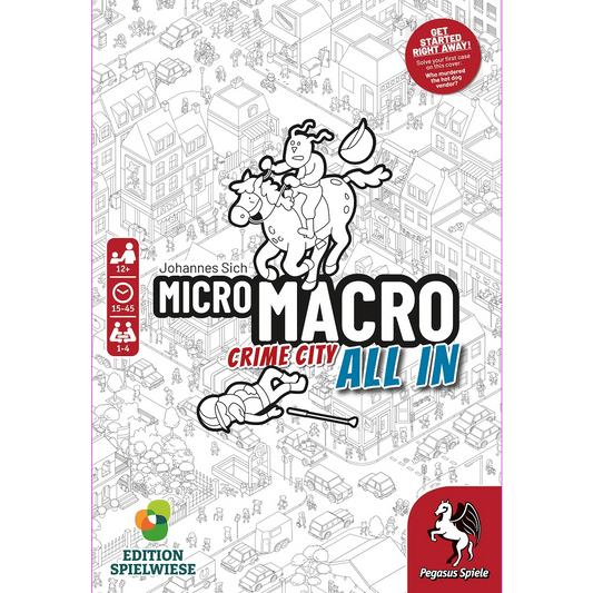 The cover of MicroMacro: All In by Pegasus Spiele features cartoon figures, including a detective on horseback chasing a thief through a black-and-white city filled with buildings and streets.