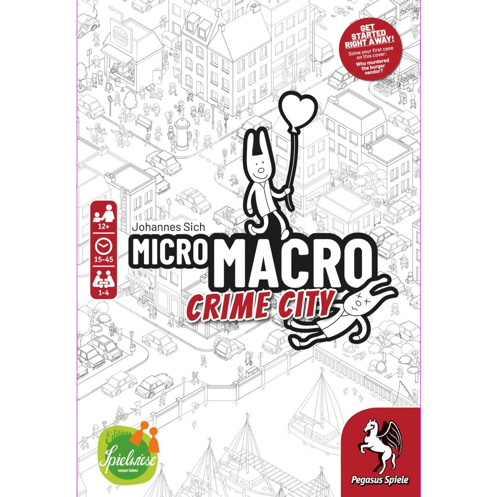 Box cover of Pegasus Spiele’s “MicroMacro: Crime City” shows cartoon characters in a black-and-white city scene, one holding a balloon, with the game title boldly displayed as players investigate cases.