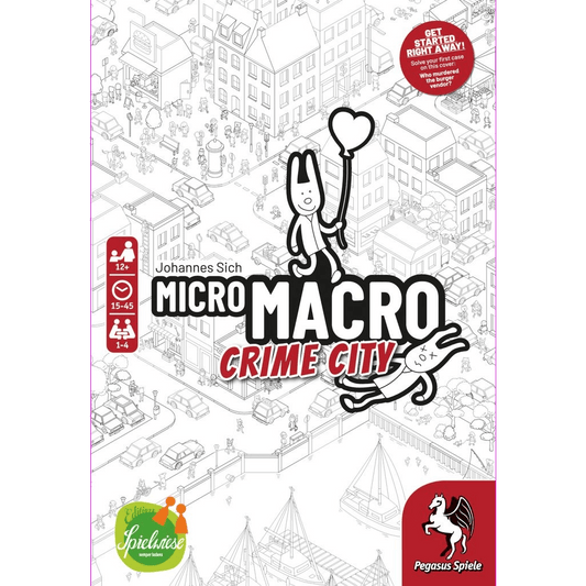 Box cover of Pegasus Spiele’s “MicroMacro: Crime City” shows cartoon characters in a black-and-white city scene, one holding a balloon, with the game title boldly displayed as players investigate cases.