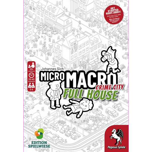 Box cover of Pegasus Spiele's MicroMacro: Crime City Full House, a city map mystery game featuring black-and-white cartoon illustrations with crime scenes, inviting players to solve engaging cases.