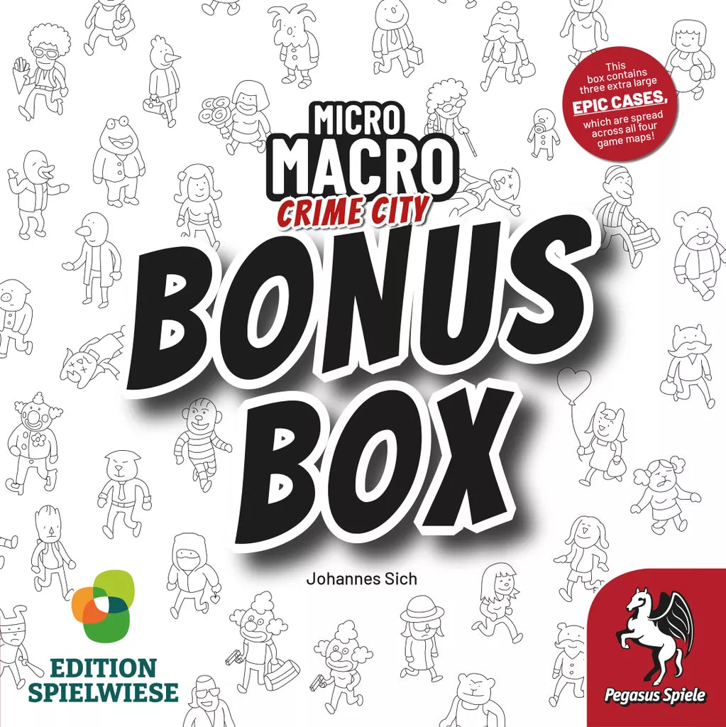 Box cover for MicroMacro: Crime City – Bonus Box by Pegasus Spiele, with bold text over black-and-white cartoon figures, brand logos, and a red sticker spotlighting extra-large epic cases.