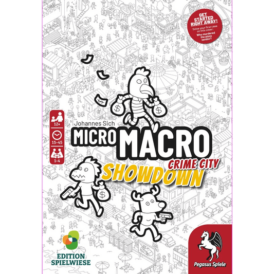 The cover of Pegasus Spiele’s MicroMacro: Crime City – Showdown features black-and-white cartoon characters, such as a bird-headed thief and police officer, reflecting the cooperative detective gameplay in a detailed city setting.