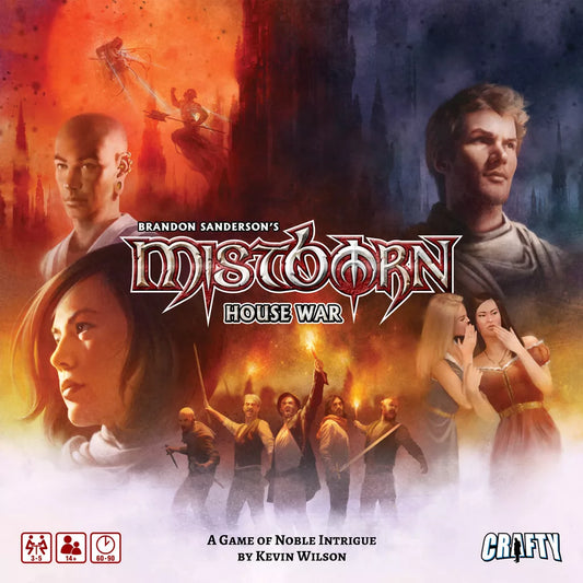 Box cover for Mistborn: House War by Crafty Games, a resource-management board game set in Brandon Sanderson’s world. Features dynamic character portraits, intense battles, and conflict scenes framing the stylized title.