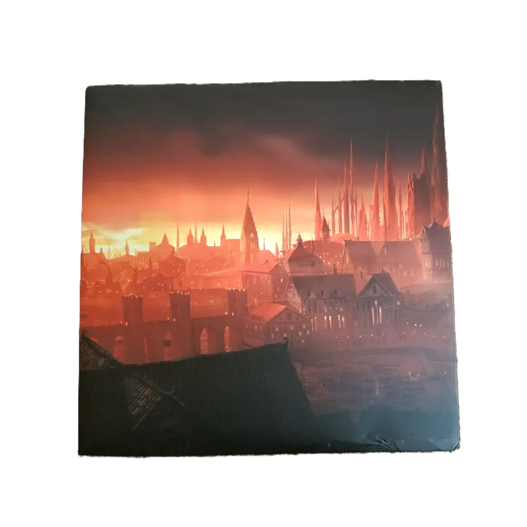 Inspired by Brandon Sanderson, this digital artwork depicts a medieval city at sunset with tall spires, capturing the atmosphere of Mistborn: House War Prestige Edition by Crafty Games.