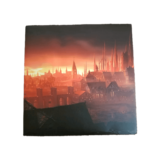Inspired by Brandon Sanderson, this digital artwork depicts a medieval city at sunset with tall spires, capturing the atmosphere of Mistborn: House War Prestige Edition by Crafty Games.