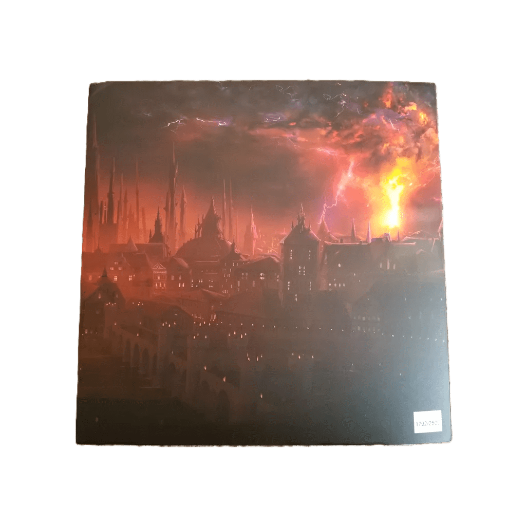 A fantasy city skyline at night, gothic spires silhouetted by lightning and an orange explosion—just like a scene from Mistborn: House War Prestige Edition by Crafty Games brought to life.
