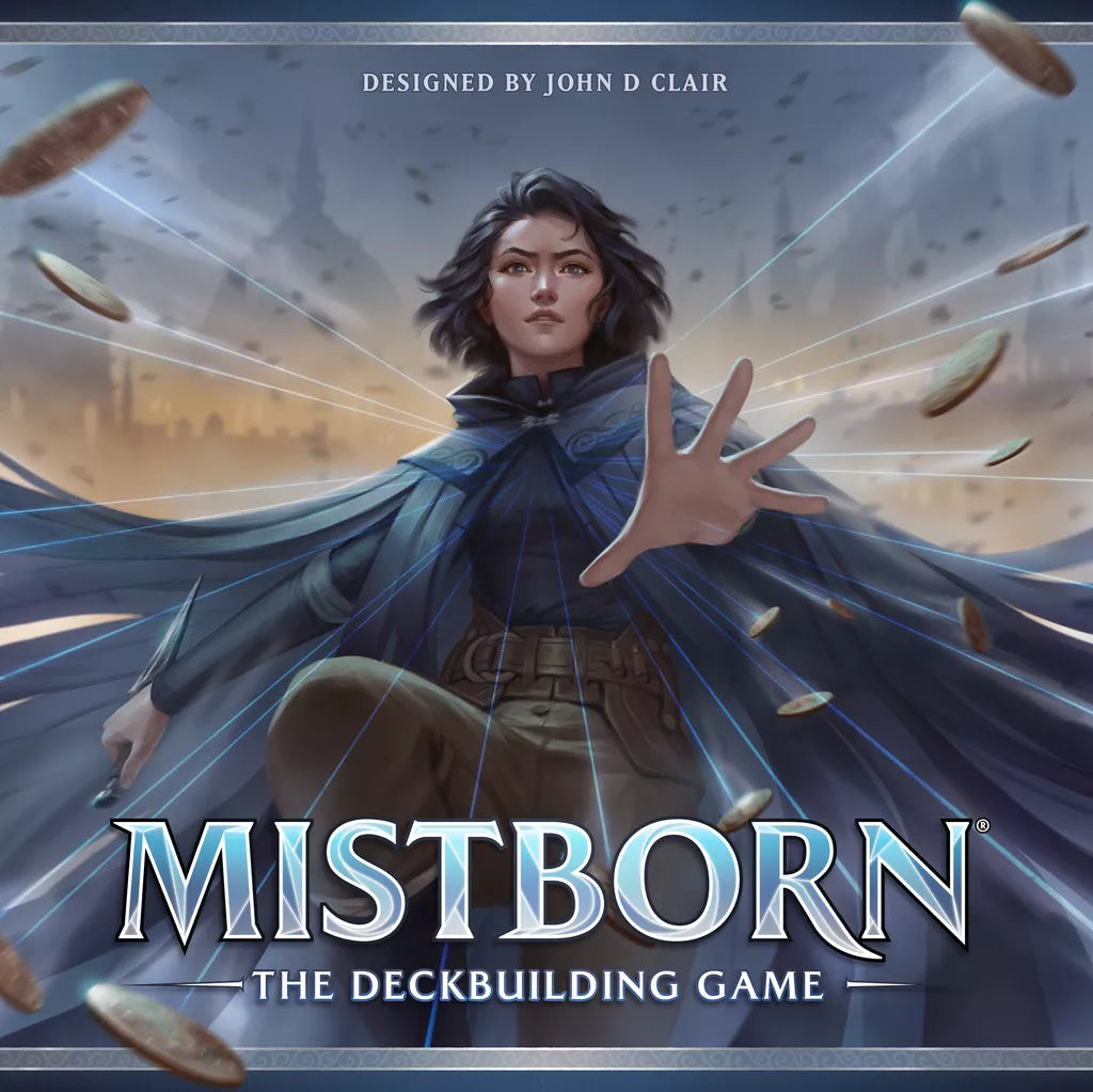 A person in a blue cloak stands with hand outstretched amid spinning coins and Allomantic energy before a city skyline. Text reads Mistborn: The Deckbuilding Game by Brotherwise Games, inspired by Brandon Sanderson.