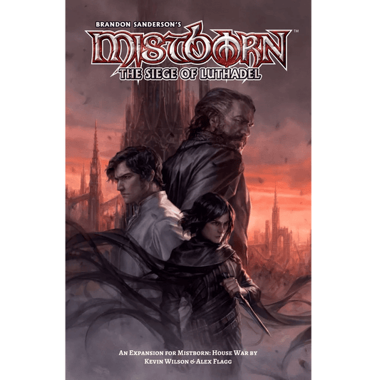 Three characters stand back-to-back before a red, misty city with spiked towers, evoking the Lord Ruler. The title Mistborn: The Siege of Luthadel Expansion is at the top, with Crafty Games credited below.