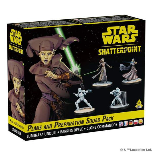 A box for Atomic Mass Games' Star Wars: Shatterpoint – Plans & Preparation Squad Pack, featuring Luminara Unduli, Barriss Offee, and Clone Commandos, with painted miniatures displayed on the front.