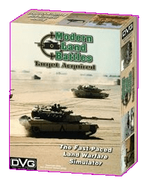 Box cover for Dan Verssen Games’ Modern Land Battles: Target Acquired, showing tanks advancing through a desert, with the tagline: "The Fast-Paced Armored Warfare Simulator.