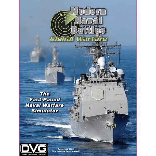 The cover of Modern Naval Battles: Global Warfare by Dan Verssen Games (DVG) features two modern warships at sea with radar equipment, promoting it as a fast-paced naval warfare simulator.