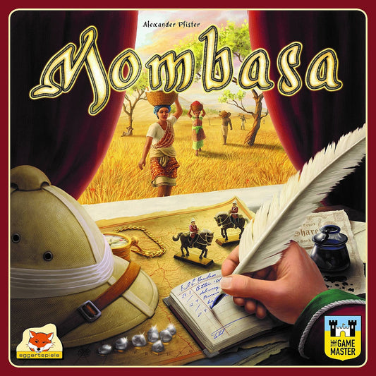 Game box cover for Mombasa NL by The Game Master BV, showing a hand writing in a logbook with a quill, a pith helmet, and coins on a desk; through red curtains, people walk in the savannah under a bright sky.