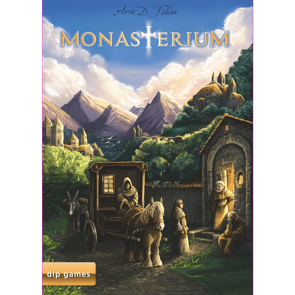 A medieval board game scene features hooded monks, a horse-drawn cart, and stone buildings set against mountains and a dramatic sky. "Monasterium EN/DE" glows at the top with a cross, while the DLP Games logo appears at the bottom left.