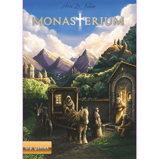 A medieval board game scene features hooded monks, a horse-drawn cart, and stone buildings set against mountains and a dramatic sky. "Monasterium EN/DE" glows at the top with a cross, while the DLP Games logo appears at the bottom left.