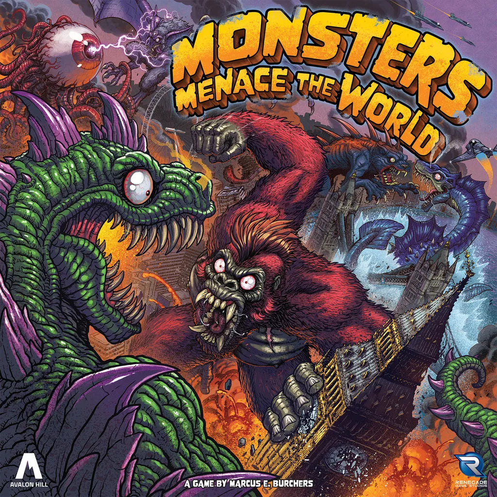 Board game cover titled 'Monsters Menace the World' with colorful illustrations of monsters.
