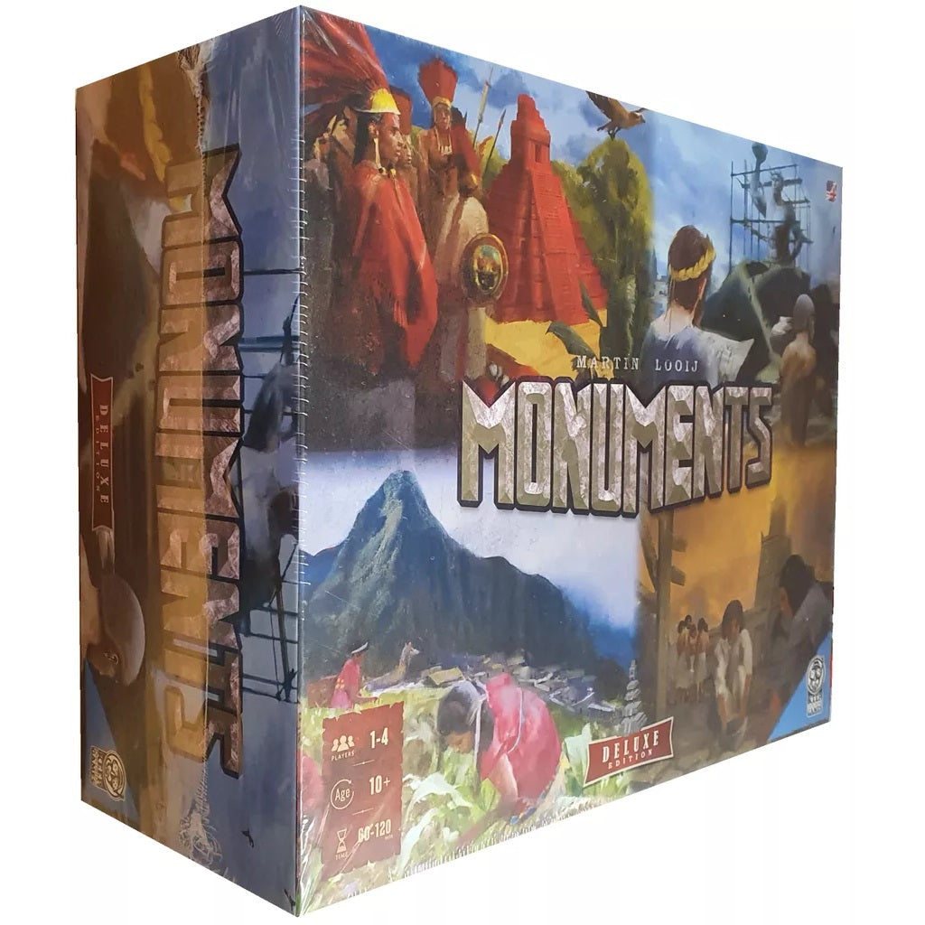 Monuments Deluxe Edition by Keep Exploring Games is a shrink-wrapped, boxed civilization-building board game for 1–4 players ages 10+, featuring artwork of ancient civilizations, monuments, people, mountains, and ships.