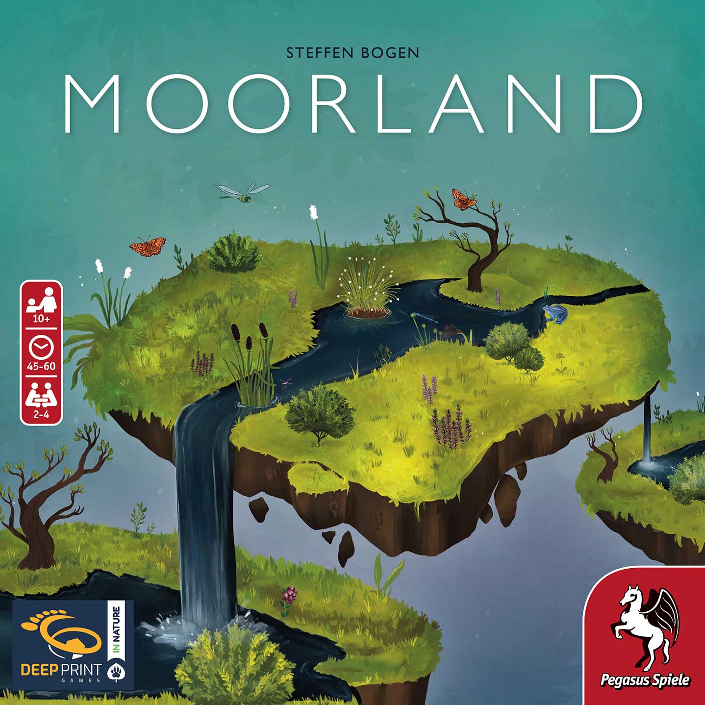 Moorland by Pegasus Spiele features a floating island of grassy wetlands with streams, cattails, butterflies, and dragonflies on its cover—an inviting board game for ages 10+ and 2-4 players about habitat building and ecosystem management.