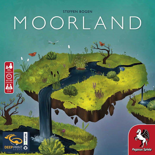 Moorland by Pegasus Spiele features a floating island of grassy wetlands with streams, cattails, butterflies, and dragonflies on its cover—an inviting board game for ages 10+ and 2-4 players about habitat building and ecosystem management.