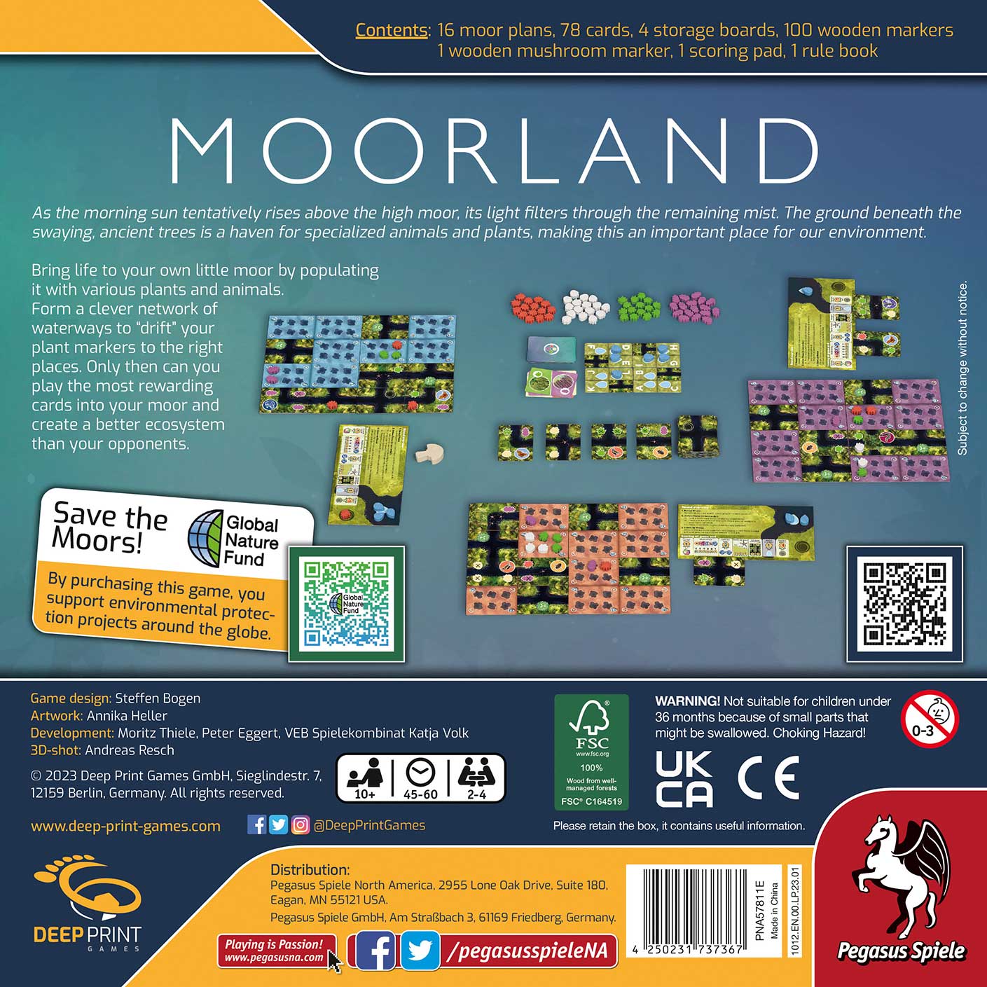 The back cover of Moorland by Pegasus Spiele displays components, setup images, a game overview, icons, QR codes, logos, and publisher info on a green and yellow background.