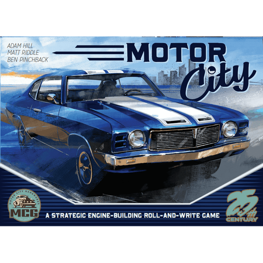 A blue vintage muscle car with white racing stripes races ahead on the Motor City cover, featuring dynamic blue lines and showcasing designers’ names and the 25th Century Games logo.