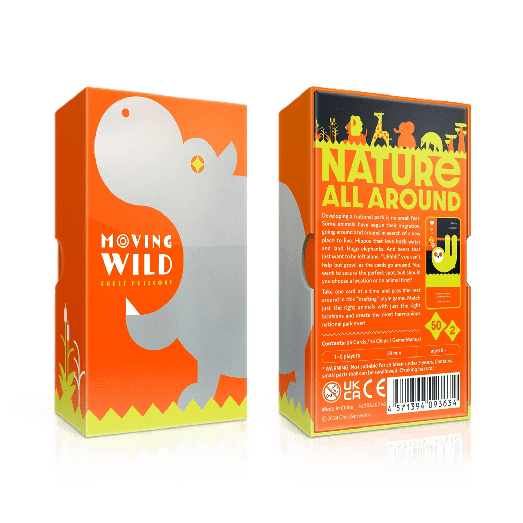 Two colorful game boxes sit side by side. On the left is Oink Games’ Moving Wild, showing a gray hippo on orange. The right box, inspired by national parks, features playful animal and nature illustrations with “NATURE ALL AROUND” in yellow text.