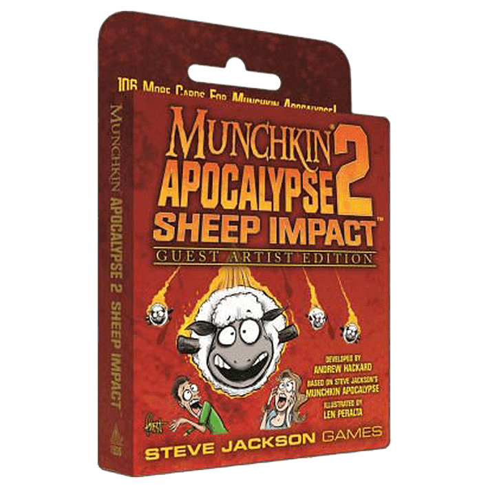 A box of Steve Jackson Games' Munchkin Apocalypse 2 Guest Artist Len Peralta, featuring a vibrant red package with a cartoon sheep sporting a crazed look.