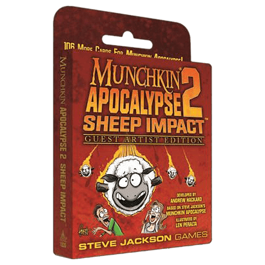 A box of Steve Jackson Games' Munchkin Apocalypse 2 Guest Artist Len Peralta, featuring a vibrant red package with a cartoon sheep sporting a crazed look.
