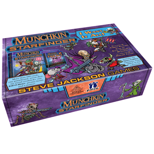 Munchkin Starfinder I Want It All by Steve Jackson Games comes in a purple box featuring sci-fi cartoon art, over 250 cards (including Kickstarter exclusives), game logo, dice, and components from the Starfinder Roleplaying Game.
