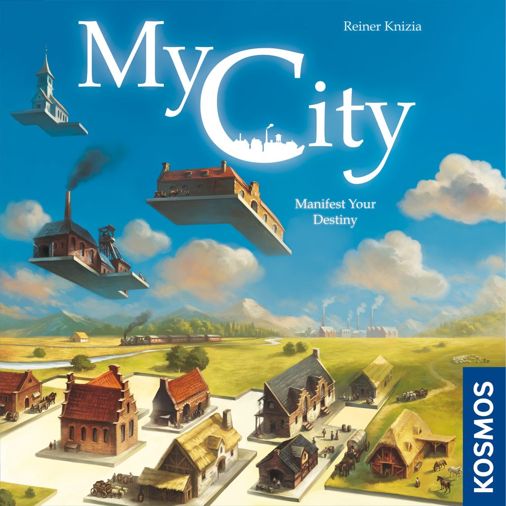Box cover of My City by Kosmos, a legacy board game, features cityscape sections floating onto a green landscape dotted with buildings beneath a blue sky with clouds; the title and Kosmos logo are shown.