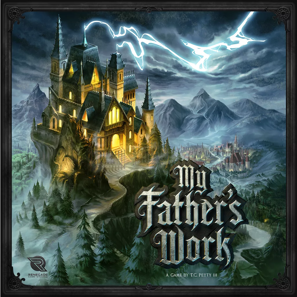 A grand Gothic mansion perches on a cliff beneath a stormy, lightning-lit sky. Inside, an ominously glowing leather-bound book sits on iron shelves. The title My Father's Work from Renegade Game Studios is displayed in ornate lettering below.