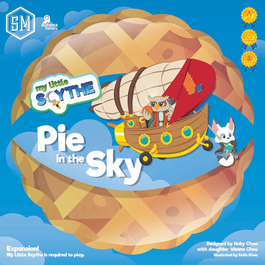 The box cover for Stonemaier Games’ My Little Scythe: Pie in the Sky shows Airship Kai, piloted by a cat and rabbit, flying through a cloudy blue sky with a golden pie crust border.
