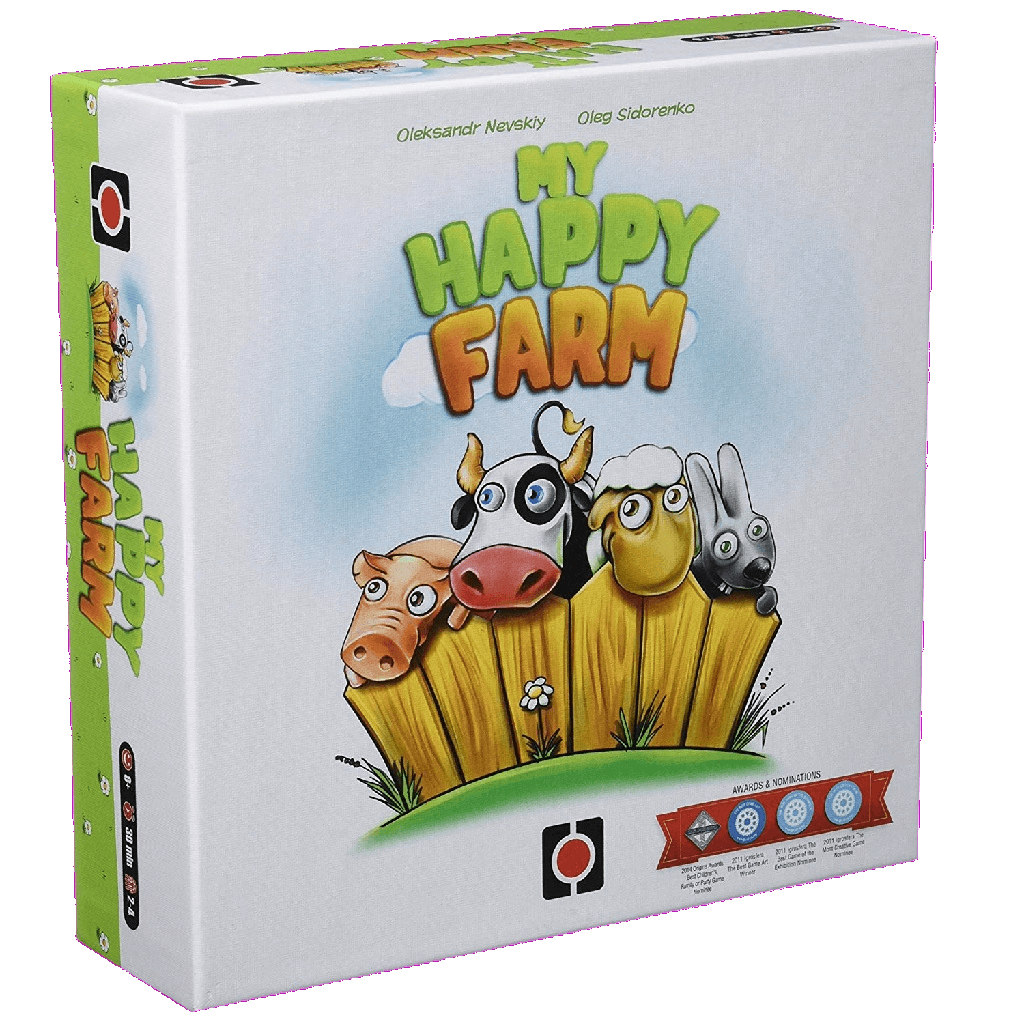 The My Happy Farm board game box by Portal Games shows cute illustrations of a pig, cow, sheep, and rabbit peeking over a wooden fence, with the game’s logo and awards displayed on the front.