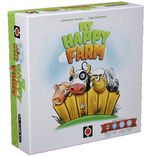The My Happy Farm board game box by Portal Games shows cute illustrations of a pig, cow, sheep, and rabbit peeking over a wooden fence, with the game’s logo and awards displayed on the front.