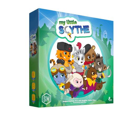 The My Little Scythe board game box from Stonemaier Games displays cartoon animal miniatures as knights and adventurers, gathered before a fantasy castle, in a colorful, family-friendly design.