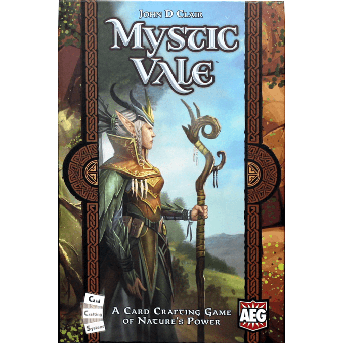 Mystic Vale by Alderac Entertainment Group is a card game featuring a woman with a staff and the innovative Card Crafting System.